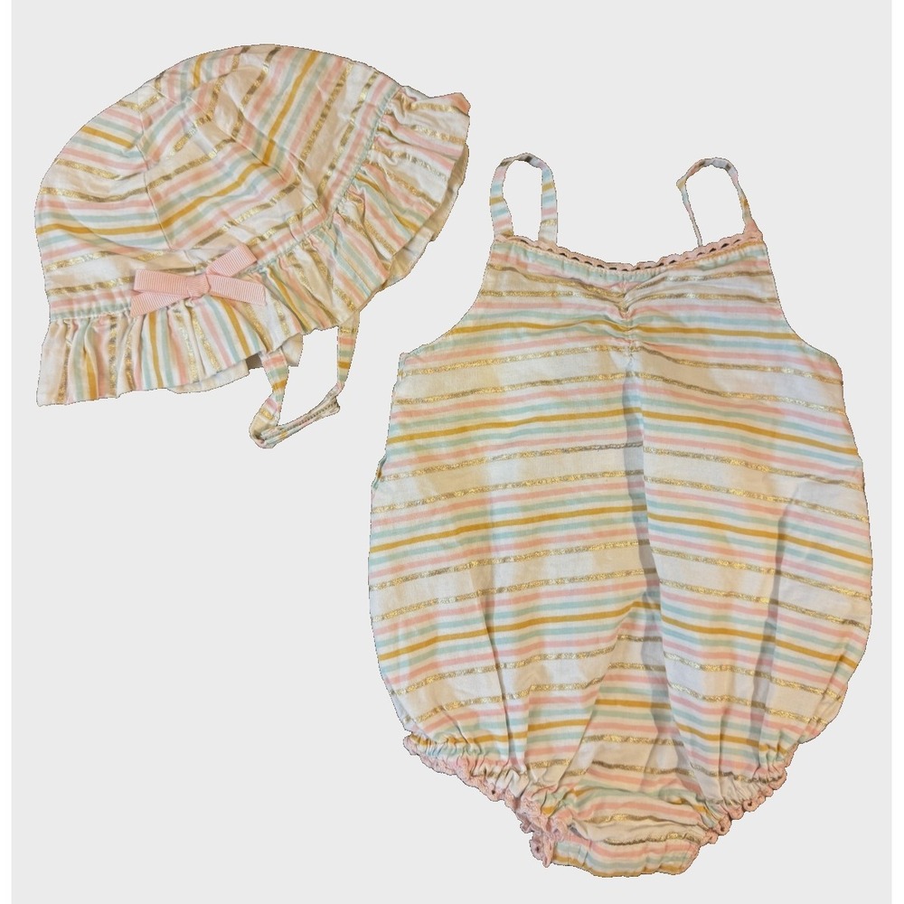 Savannah Baby Girl Romper Hat 3/6 Months‎ Summer One Piece 2 PC Set Lot Striped